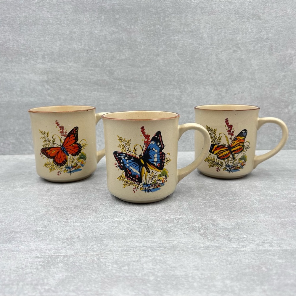 Vintage Butterfly Foliage Coffee Mugs Cup Pottery Stoneware Set of 3